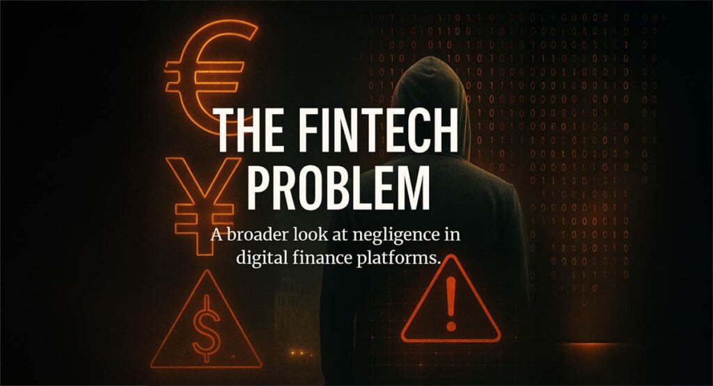 Wise Fraud. A dark-themed digital illustration with financial warning symbols and the title “The Fintech Problem,” symbolizing negligence in modern fintech platforms.